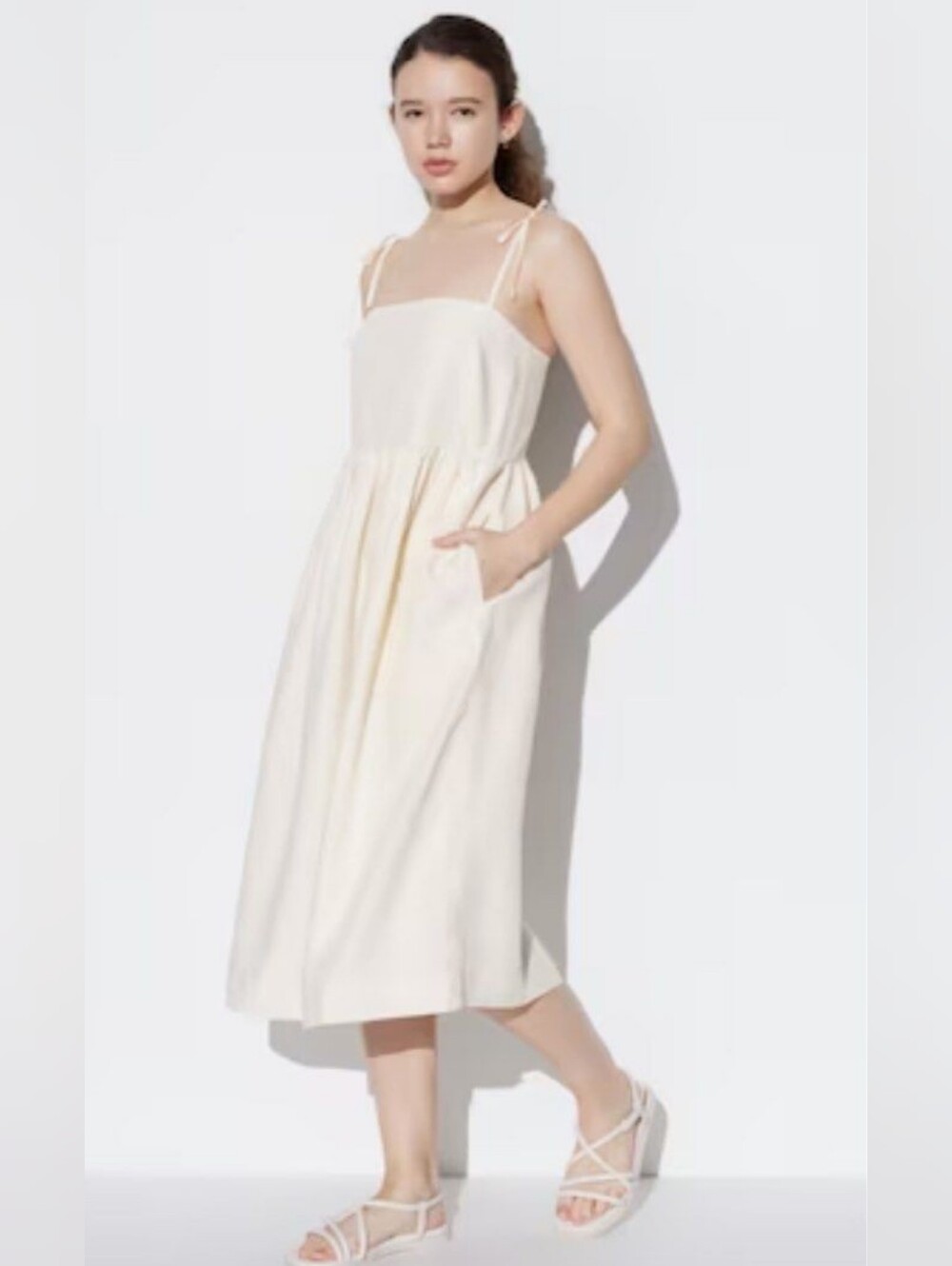 UNIQLO Linen Blend Camisole Dress Off-White Fit&Flare Lightweight Minimalist- S